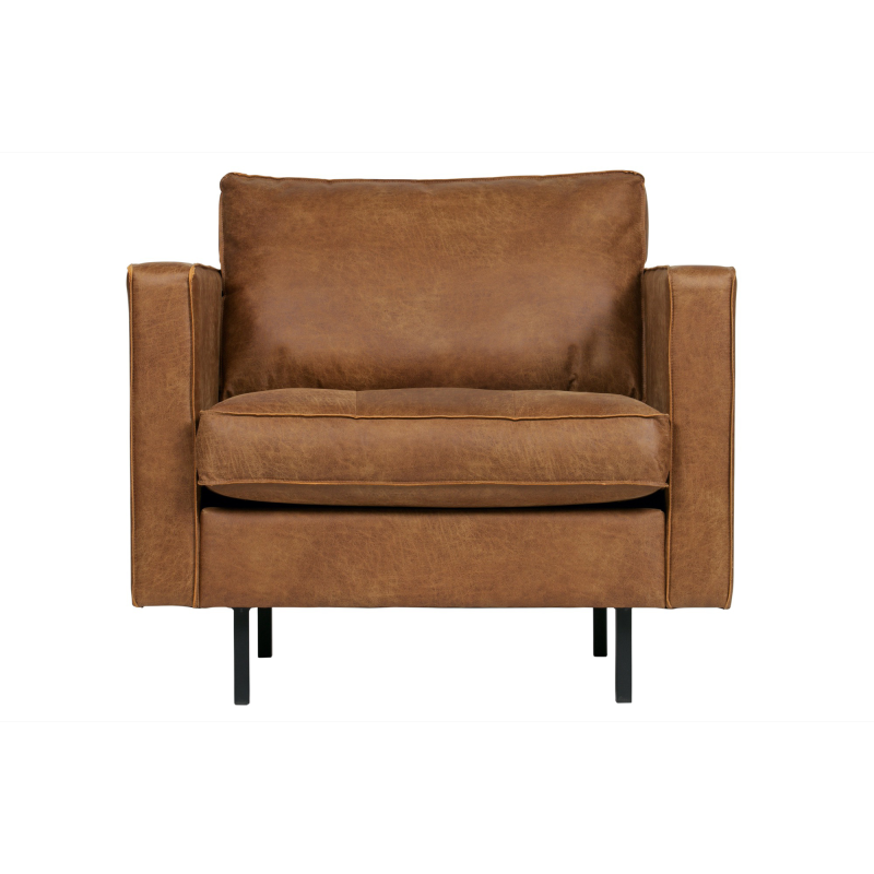 Lænestol WOOOD Rodeo Classic - cognac genbrugslæder ecoleather, quiltet sæde, høje ben, rummelig loungestol