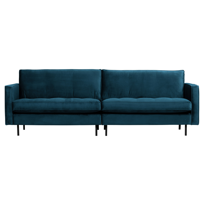 3-personers sofa WOOOD Rodeo, blå velour Jarra 275 cm, quiltede sædehynder