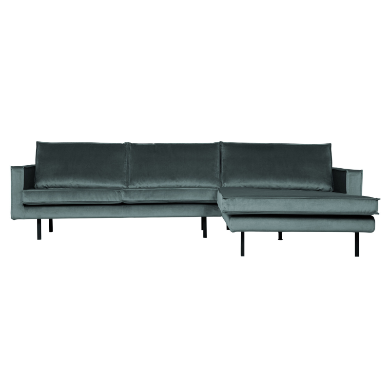 Loungesofa WOOOD Rodeo højrevendt chaiselong 3-sæders tealblå velour med metalben