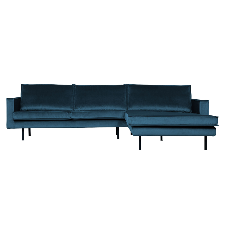 Loungesofa WOOOD Rodeo, højrevendt chaiselong, blå velour Jarra, 3 sæde- og ryghynder, metalben