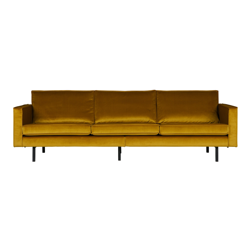 3-personers sofa WOOOD Rodeo, Jarra velour okker, slanke metalben, fast siddekomfort