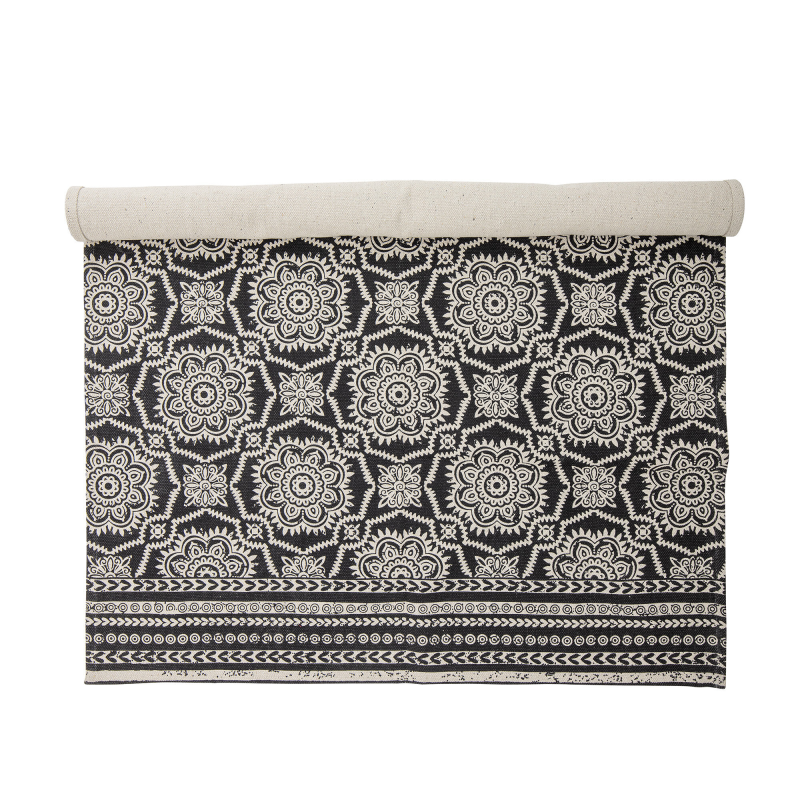 BLOOMINGVILLE Aco gulvtæppe, rektangulært - sort/hvidt mønstret vævet bomuld (180x120)