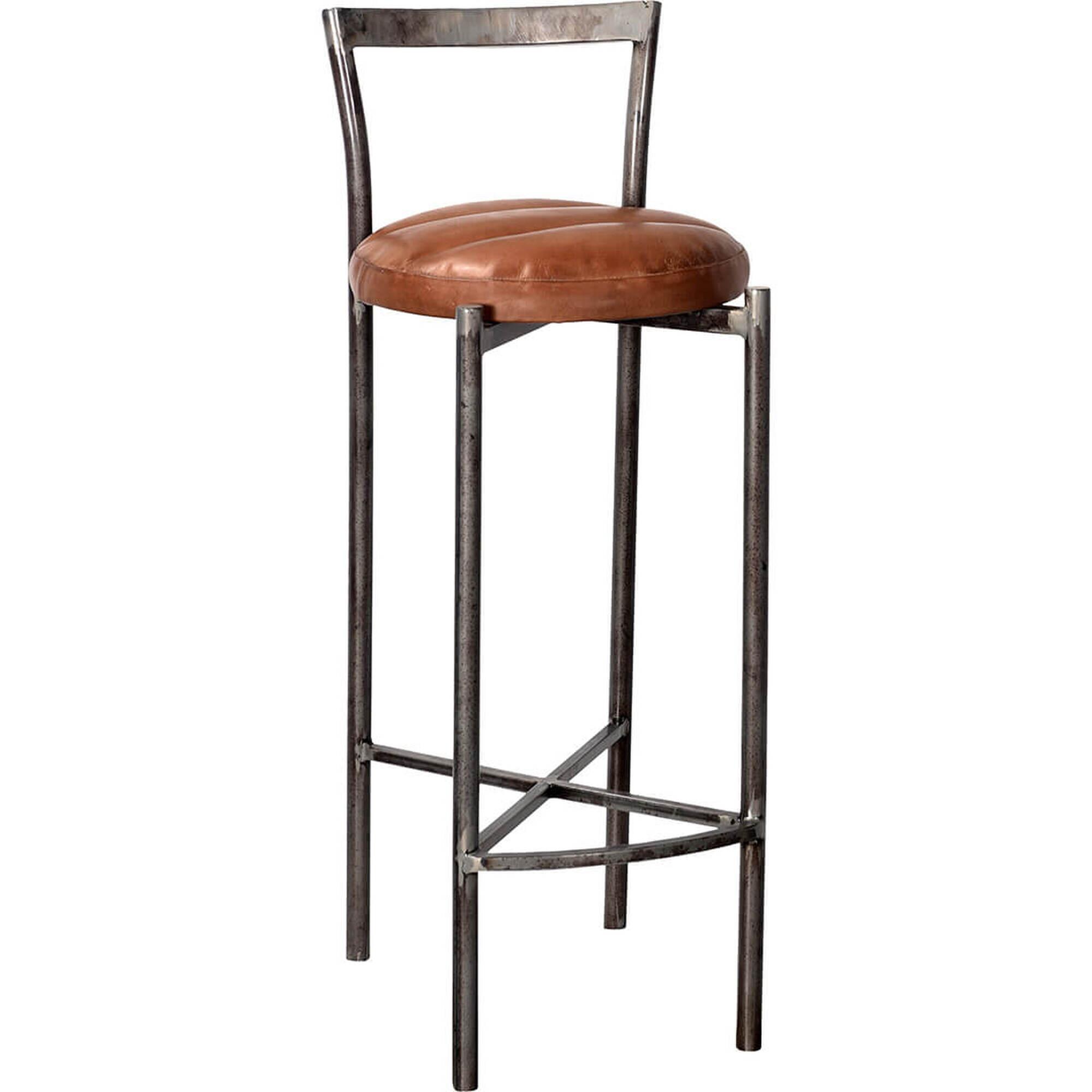  Portland barstol med rundt lædersæde - jern med klar lak og brun fra Trademark Living i Jern (Varenr: M11110)
