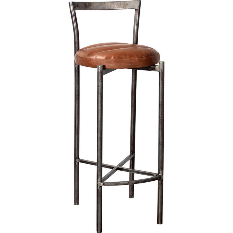 Portland barstol med rundt lædersæde – jern med klar lak og brun