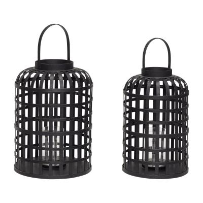  Grid Lanterner - Sort - sæt af 2 fra Hübsch Interiør i Bambus, Glas (Varenr: 030605)